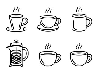 Black and white line set of hot beverage containers with steam monochrome
