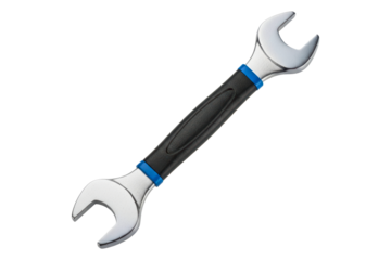 Silver steel open-end wrench tool with black and blue grip on a transparent background
