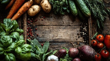 Fresh garden vegetables and herbs creating rustic frame
