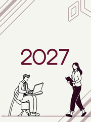 Fototapeta premium 2027 Modern Work & Technology Illustration – Minimalist Professional Design with Laptop and Tablet Characters for Posters, Planning, Productivity, and Future‑Focused Branding