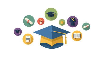 Graduation Cap and Education Icons Representing Academic Achievement.