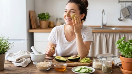 Happy woman applies homemade avocado face mask in kitchen. Scene depicts natural skincare and self-care routine with organic ingredients like oats and honey. Perfect for wellness blogs.