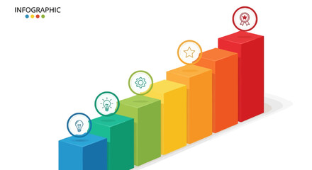 Colorful 3D Bar Chart Infographic with Five Steps and Icons.
