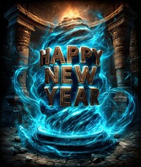 "HAPPY NEW YEAR" carved from floating glowing runes, surrounded by swirling magic dust and ethereal blue light, ancient stone ruins behind, epic and mystical