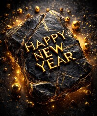 "HAPPY NEW YEAR" engraved on a black marble slab with thin gold veins, illuminated by soft spotlight reflections, floating gold particles, elite premium mood, ultra-photorealistic, rich fine texture.