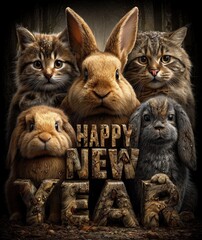 "HAPPY NEW YEAR" assembled from fur, feathers and paw-print textures, photorealistic detail, forest background in perfect focus, adorable woodland creatures.