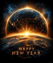 "HAPPY NEW YEAR" floating above Earth horizon seen from space, sunrise casting golden rim-light on the letters