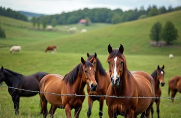 Obraz premium Brown horses stand in a green grassy field with rolling hills behind them. Some horses graze peacefully in distance. Calm domestic animals look at camera.