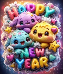 "HAPPY NEW YEAR" in puffy pastel bubble letters, cute smiling stars, clouds and hearts floating around, soft gradient background, ultra-clean and adorable