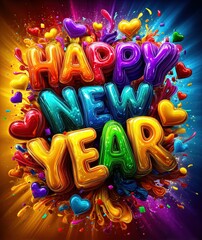 "HAPPY NEW YEAR" in vibrant rainbow-gradient letters surrounded by soft glowing rainbow light beams, floating hearts and sparkles, inclusive joyful atmosphere