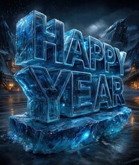"HAPPY NEW YEAR" sculpted from translucent ice shards, cold blue lighting, frost particles suspended in the air, perfectly sharp frozen landscape behind