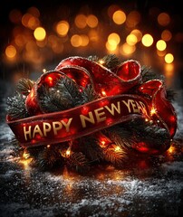 "HAPPY NEW YEAR" made of pine branches, red ribbons and glowing fairy lights, snowy background fully sharp, tiny sparkles of frost, cozy warm holiday magic