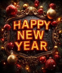 "HAPPY NEW YEAR" made of glowing red-and-gold Christmas lights, surrounded by pine branches, ornaments, snowfall, warm cozy holiday atmosphere