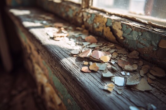 Peeling lead-based paint chips and debris on a weathered windowsill, highlighting the risks of lead poisoning in old apartments