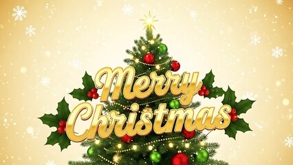 Vibrant Merry Christmas Winter Scene with Falling Snowflakes, Glowing Golden Christmas Tree Lights, Red and Green Ornaments, Creamy Textured Background and Shining Golden Cursive Festive Greeting