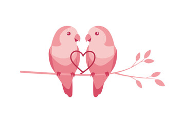 Pink lovebirds couple forming heart on branch vector illustration