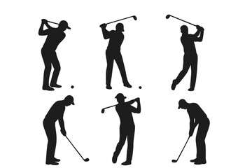 Set of black golfer silhouettes in various swing poses for sports design and branding, Collection of golf player vector silhouettes showing stance, swing, and putting positions in modern style