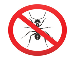 No ants sign vector. Forbidden insect icon. Pest control prohibition symbol. Anti-ant warning silhouette for insecticide. Red stop circle illustration for sanitation