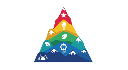 Colorful Mountain Peak with Symbolic Icons Representing Growth and Achievement.