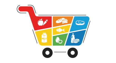 Colorful Shopping Cart Filled with Assorted Groceries and Food Items.