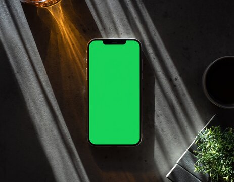 Smartphone with Green Screen on Table with Sunlight and Plant - Powered by Adobe