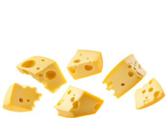 Several wedges of Swiss cheese with visible holes scattered against a dark backdrop isolated on a transparent background