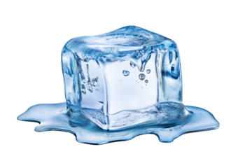 Transparent ice cube with water droplets and melting puddle isolated on a transparent background liquid