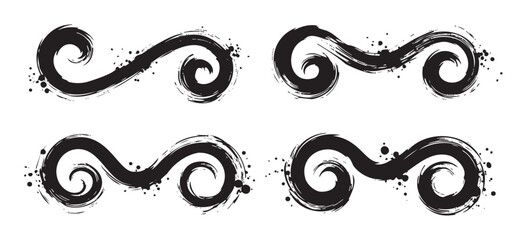 Black brushstroke swirls are elegant decorative wave patterns with a textured, hand-drawn ink effect, perfect for graphic design elements and artistic accents.