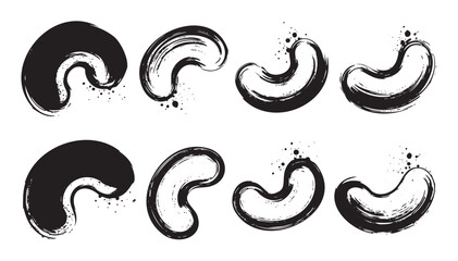 Brush strokes in various stylized cashew shapes and abstract bean forms create a collection of artistic ink elements for design projects.