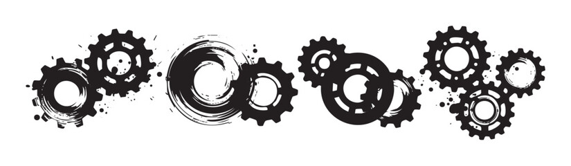 Gears and cogs illustrate mechanical connection, industrial process, and teamwork concepts with a dynamic grunge and brushstroke artistic style. © ColdFire