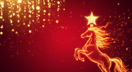 Glowing horse figure with a star ornament, sparkling on red backdrop, representing celebration, festive mood, and holiday spirit, with free space