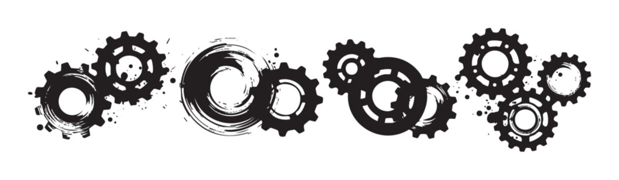 Gears and cogs illustrate mechanical connection, industrial process, and teamwork concepts with a dynamic grunge and brushstroke artistic style.