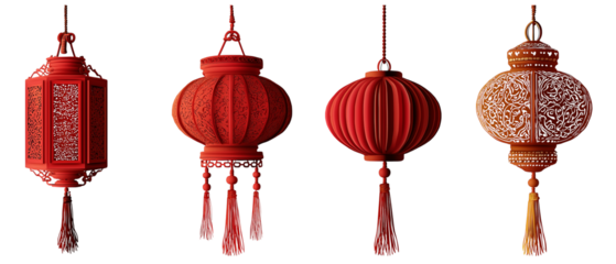 Four Chinese Lanterns with Tassels isolated on a transparent background