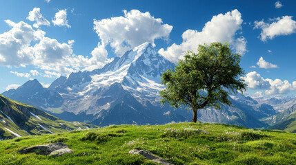 Breathtaking mountain landscape featuring majestic peak, lush green meadows, and solitary tree under vibrant blue sky with fluffy clouds