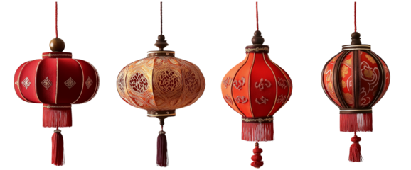 Four ornate Chinese lanterns with tassels isolated on a transparent background