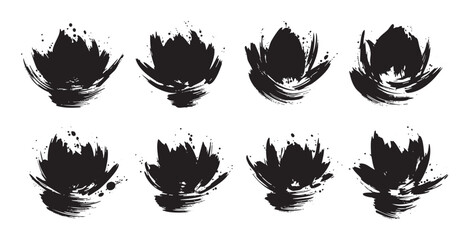 Abstract ink brush strokes form a collection of stylized lotus flowers with a textured, artistic, and minimalist design, perfect for various creative projects.