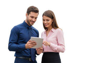 Smiling business colleagues collaborating on a tablet device isolated on transparent background