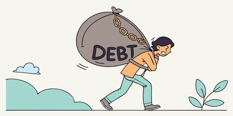 Man carrying heavy burden of financial debt sack on his back