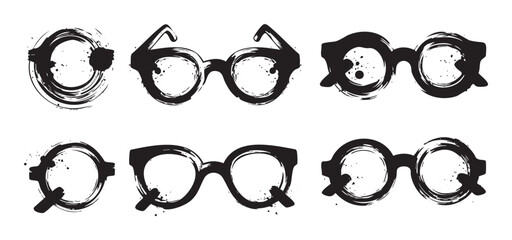 Various eyeglasses illustrations created with artistic black ink brush strokes, showcasing a unique grunge style and diverse frame designs suitable for creative projects.