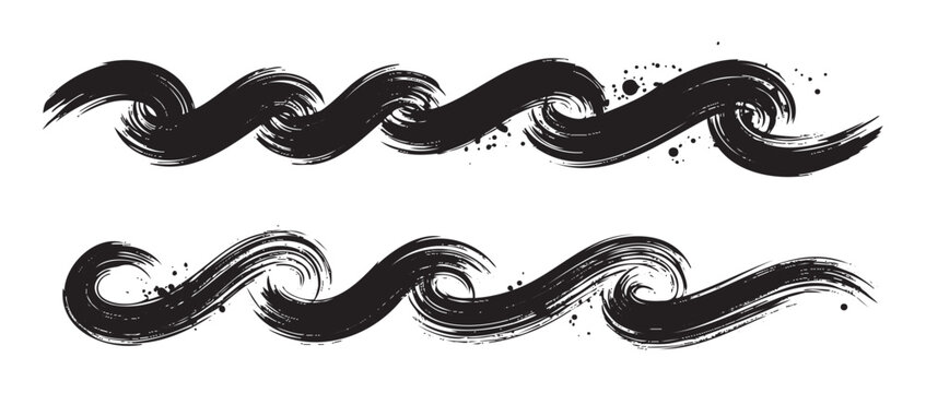 Black brush strokes create a dynamic and textured wavy pattern, resembling abstract ocean waves or artistic ink calligraphy, perfect for creative design elements.