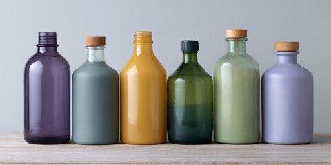 Row of glass bottles with different colors and sizes