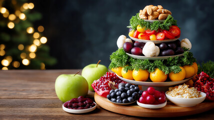 Christmas tree made, healthy food creative, seasonal concept festive, culinary display holiday, nutrition emphasis alternative, celebration arrangement unique, tree design concept,