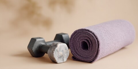 Pair of dumbbells and a yoga mat are on a tan surface