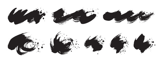 Obraz premium Abstract black ink brush strokes collection featuring various expressive grunge textures and splatters for artistic design elements and creative overlays.