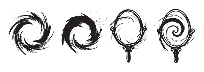 Abstract swirling brush stroke elements and stylized hand mirrors featuring a dynamic spiral pattern, rendered in a grunge, ink-splatter style for artistic design.