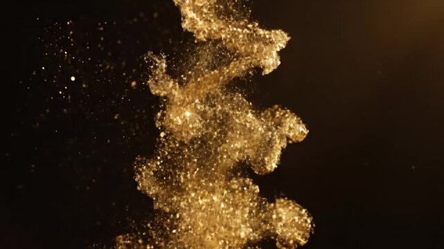 A large, textured golden cube shatters into numerous smaller fragments against a dark background with dramatic lighting.