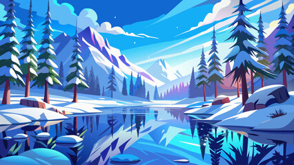 Very beautiful winter scene featuring snow-covered trees reflected perfectly in a crystal-blue lake under bright sunlight, evoking calm, purity, and seasonal serenity.