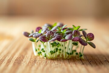 Brotes ecol&oacute;gicos reci&eacute;n nacidos creciendo sobre madera, microgreens nutritivos en primer plano con detalle natural y suave iluminaci&oacute;n