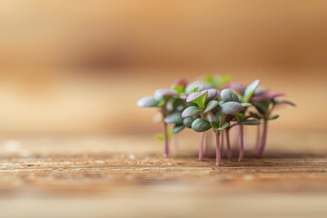 Brotes verdes j&oacute;venes creciendo de forma natural sobre madera, microgreens frescos en etapa temprana de germinaci&oacute;n