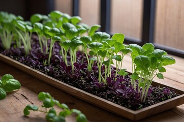 Bandeja de microgreens verdes y brotes morados iluminados por luz de ventana, cultivo casero de plantas j&oacute;venes comestibles
